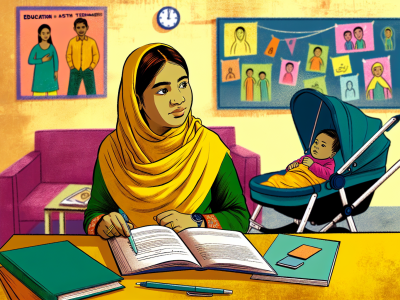 Jovem mãe adolescente determinada em ambiente escolar acolhedor, com bebê ao lado.