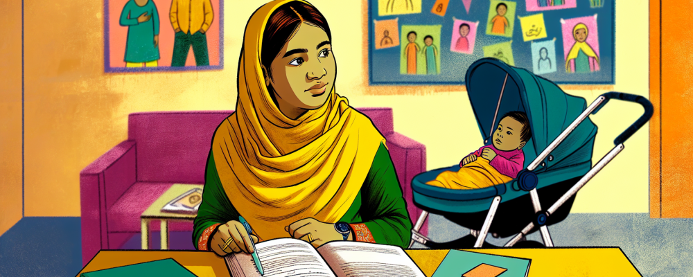 Jovem mãe adolescente determinada em ambiente escolar acolhedor, com bebê ao lado.