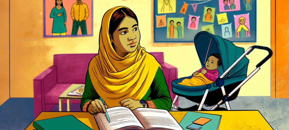 Jovem mãe adolescente determinada em ambiente escolar acolhedor, com bebê ao lado.