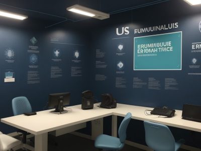 Um enfermeiro do trabalho em uniforme revisa documentos de saúde ocupacional em um espaço informativo com normas regulamentadoras.