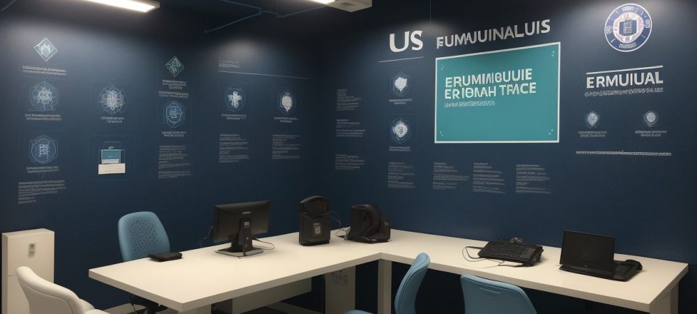 Um enfermeiro do trabalho em uniforme revisa documentos de saúde ocupacional em um espaço informativo com normas regulamentadoras.