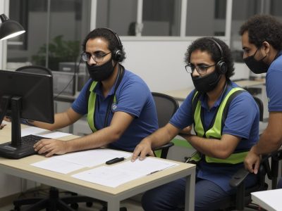 Uma enfermeira do trabalho utilizando EPIs enquanto avalia condições de segurança em uma fábrica com equipe colaborando.