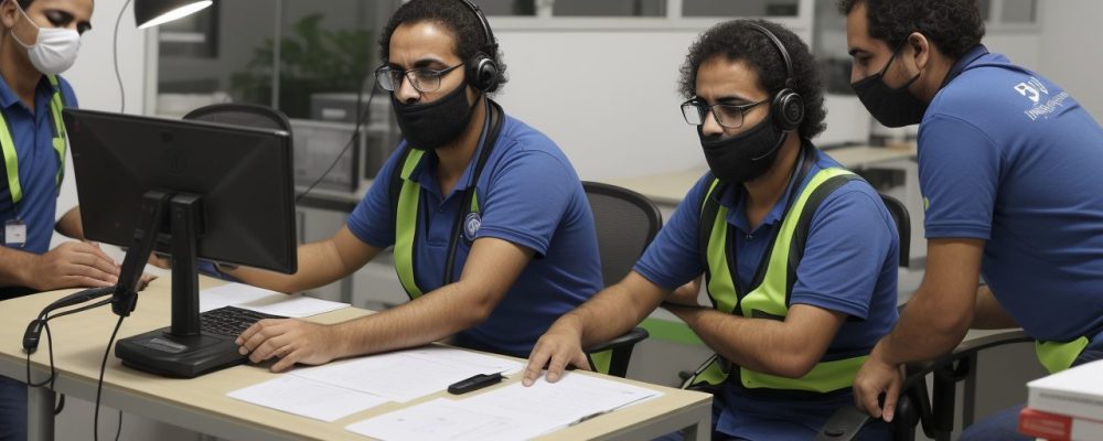 Uma enfermeira do trabalho utilizando EPIs enquanto avalia condições de segurança em uma fábrica com equipe colaborando.