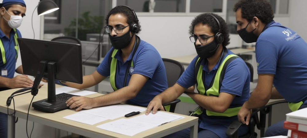 Uma enfermeira do trabalho utilizando EPIs enquanto avalia condições de segurança em uma fábrica com equipe colaborando.