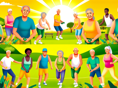 Grupo de idosos participando de atividade física ao ar livre, simbolizando envelhecimento ativo em parque ensolarado