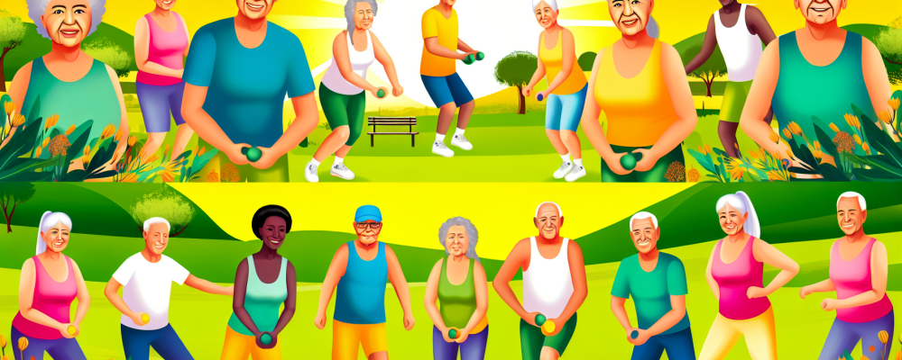 Grupo de idosos participando de atividade física ao ar livre, simbolizando envelhecimento ativo em parque ensolarado