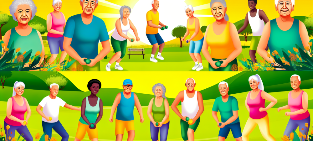 Grupo de idosos participando de atividade física ao ar livre, simbolizando envelhecimento ativo em parque ensolarado