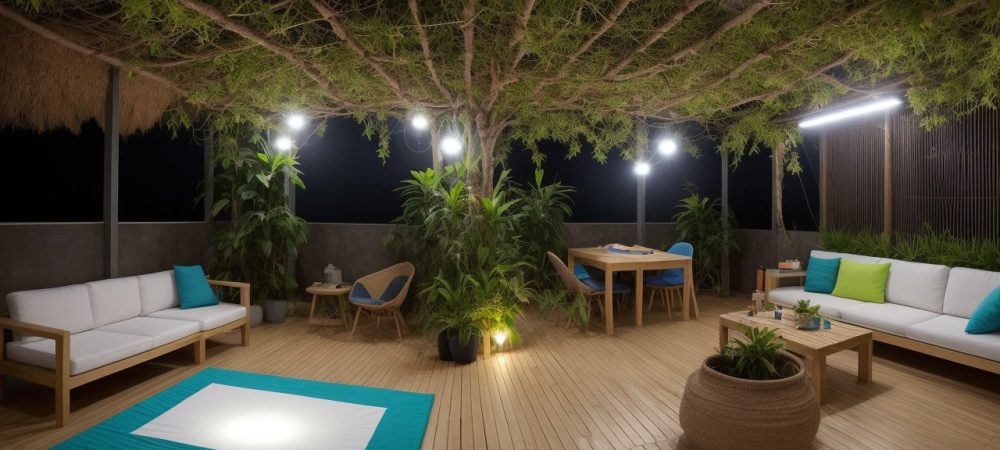 Uma equipe de profissionais em espaço de trabalho moderno, interagindo e trocando informações com telas digitais e plantas ao fundo.