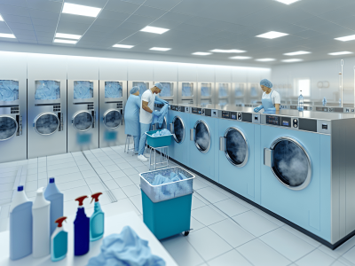 Equipe especializada em lavanderia hospitalar lavando roupas em grandes máquinas com produtos de limpeza e equipamento de proteção