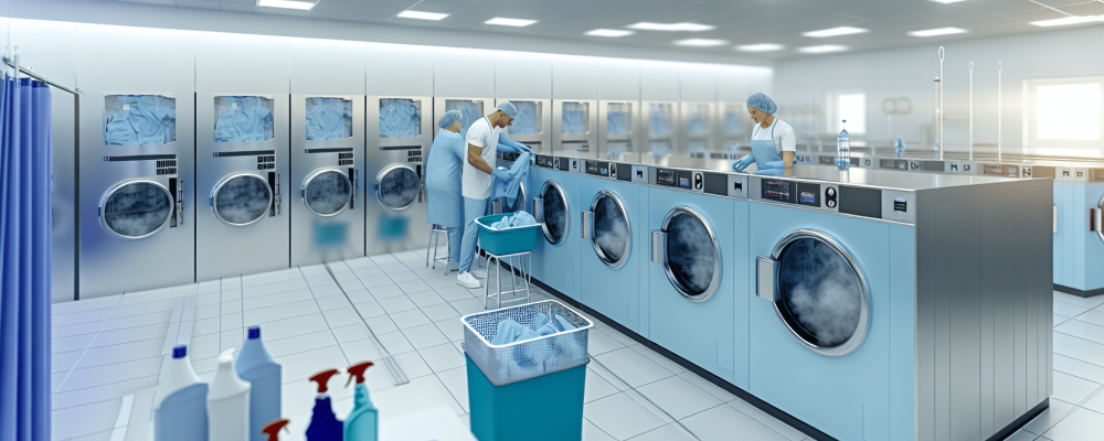 Equipe especializada em lavanderia hospitalar lavando roupas em grandes máquinas com produtos de limpeza e equipamento de proteção