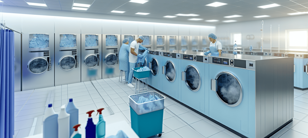 Equipe especializada em lavanderia hospitalar lavando roupas em grandes máquinas com produtos de limpeza e equipamento de proteção
