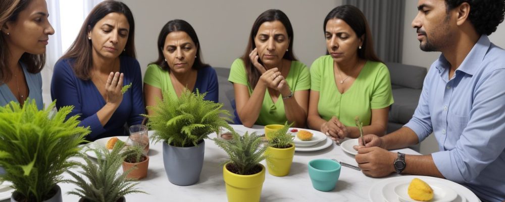 Equipe de saúde em atendimento domiciliar, com agente comunitário envolvendo famílias em uma abordagem integrada de cuidados.