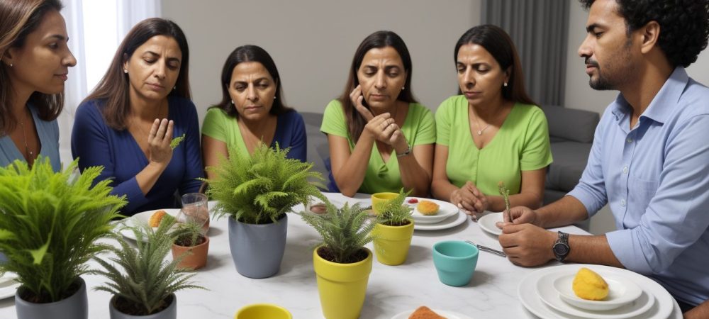 Equipe de saúde em atendimento domiciliar, com agente comunitário envolvendo famílias em uma abordagem integrada de cuidados.