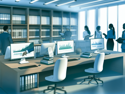 Profissionais de contabilidade pública em escritório moderno analisando gráficos financeiros em computadores, refletindo tranquilidade e eficiência.
