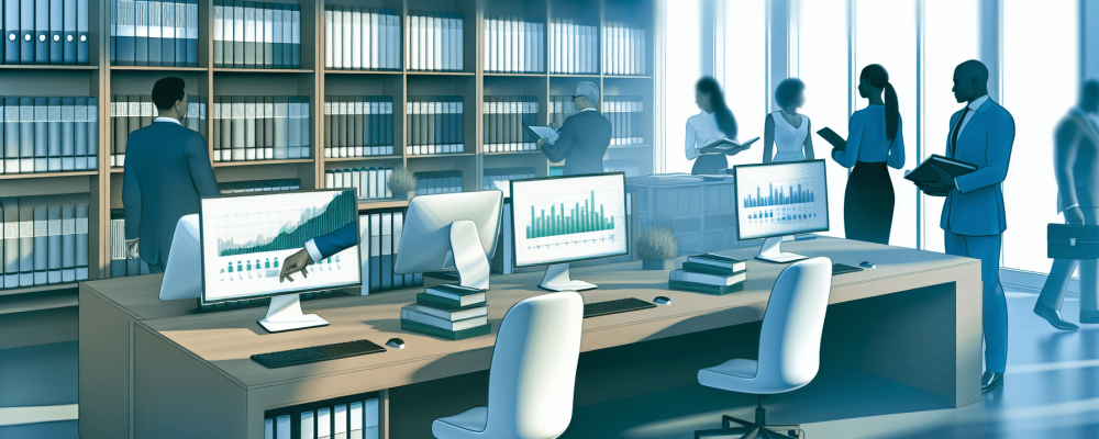 Profissionais de contabilidade pública em escritório moderno analisando gráficos financeiros em computadores, refletindo tranquilidade e eficiência.