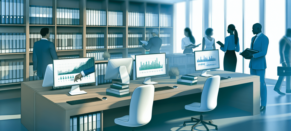 Profissionais de contabilidade pública em escritório moderno analisando gráficos financeiros em computadores, refletindo tranquilidade e eficiência.