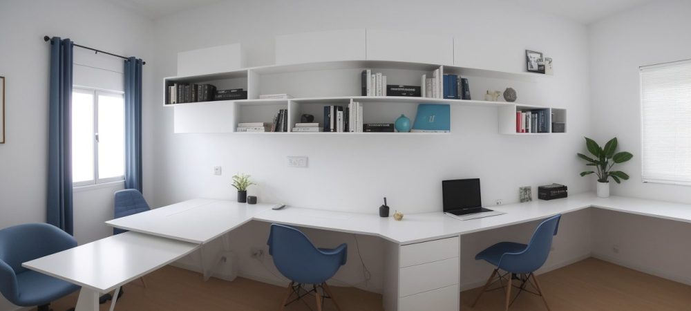 Uma sala de escritório moderna dedicada ao direito previdenciário com documentos organizados e laptop aberto, simulando aposentadoria.