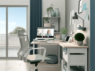 Um escritório home office moderno e acolhedor com cadeira ergonômica e videoconferência em laptop, iluminado por luz natural.