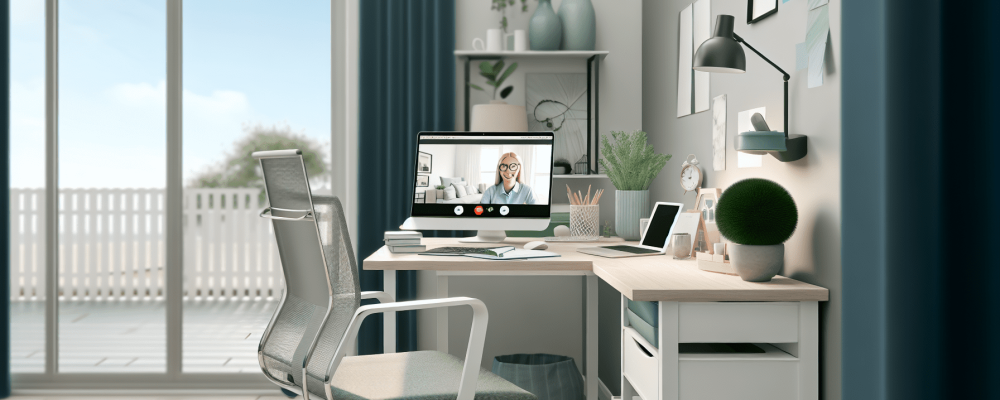 Um escritório home office moderno e acolhedor com cadeira ergonômica e videoconferência em laptop, iluminado por luz natural.