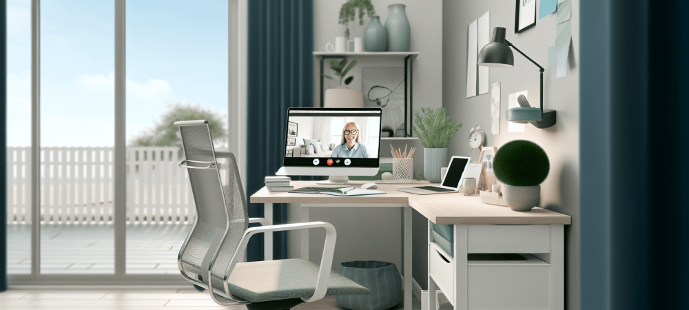 Um escritório home office moderno e acolhedor com cadeira ergonômica e videoconferência em laptop, iluminado por luz natural.