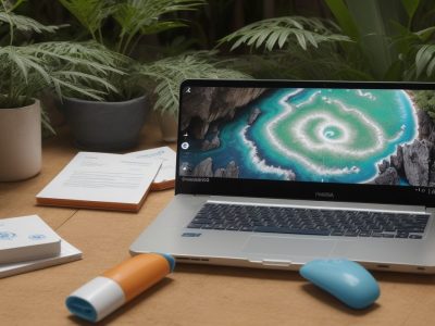 Ambiente de trabalho moderno com mesas organizadas e lousa exibindo gráficos sobre planejamento tributário.