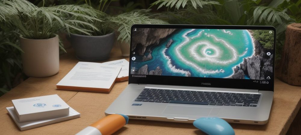 Ambiente de trabalho moderno com mesas organizadas e lousa exibindo gráficos sobre planejamento tributário.