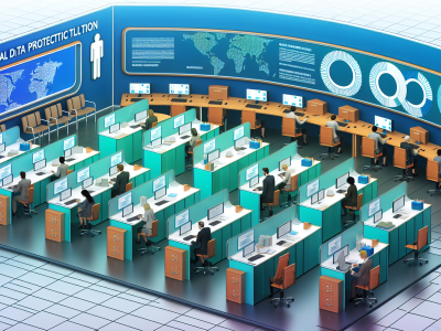 Escritório público moderno com servidores e logo da LGPD, enfatizando proteção de dados.