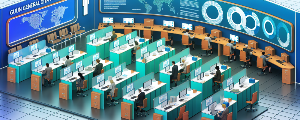 Escritório público moderno com servidores e logo da LGPD, enfatizando proteção de dados.