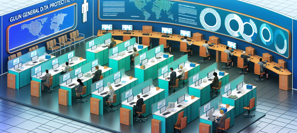 Escritório público moderno com servidores e logo da LGPD, enfatizando proteção de dados.