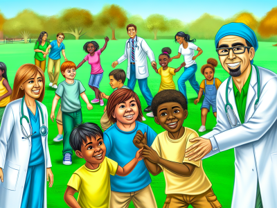 Crianças e adolescentes diversificados em um parque simbolizando inclusão e direitos garantidos pelo ECA, com educadores e profissionais de saúde ao fundo.