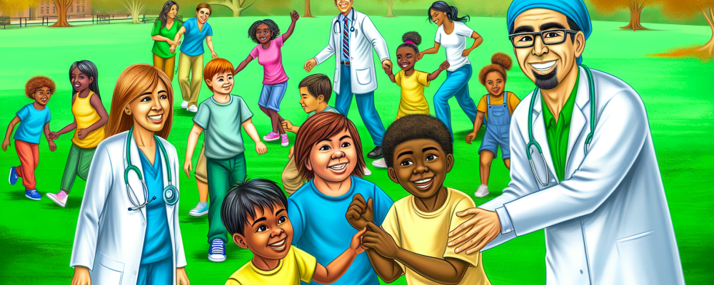 Crianças e adolescentes diversificados em um parque simbolizando inclusão e direitos garantidos pelo ECA, com educadores e profissionais de saúde ao fundo.