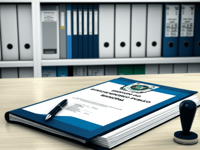 Ambiente administrativo moderno com documentos do estatuto do servidor público municipal e símbolos da administração pública