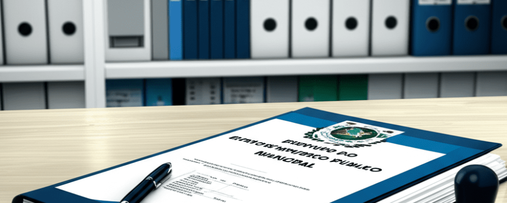 Ambiente administrativo moderno com documentos do estatuto do servidor público municipal e símbolos da administração pública