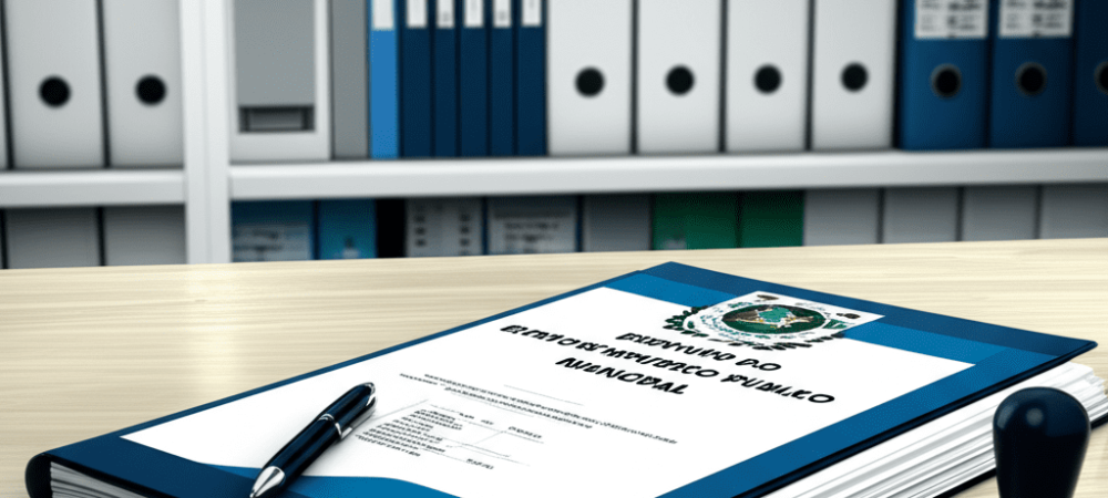Ambiente administrativo moderno com documentos do estatuto do servidor público municipal e símbolos da administração pública
