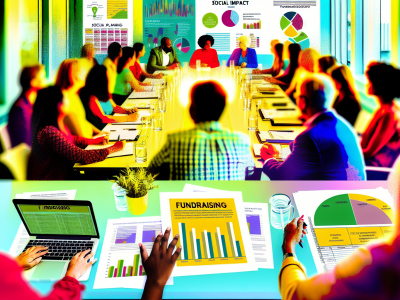 Representantes de ONGs discutem estratégias de captação de recursos em uma sala de conferências cheia de materiais e gráficos coloridos.