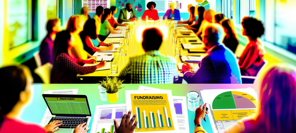 Representantes de ONGs discutem estratégias de captação de recursos em uma sala de conferências cheia de materiais e gráficos coloridos.