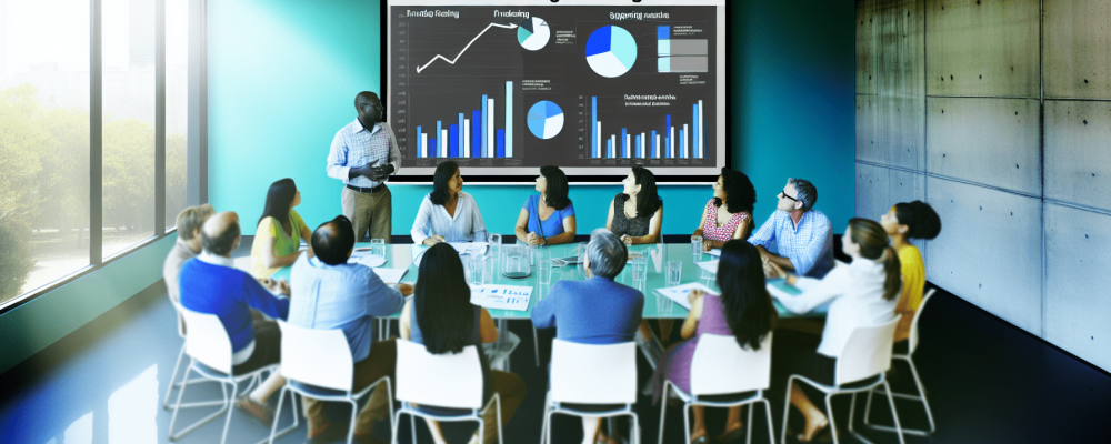 Profissionais de uma ONG discutindo captação de recursos com gráficos e diagramas em destaque em uma sala moderna.
