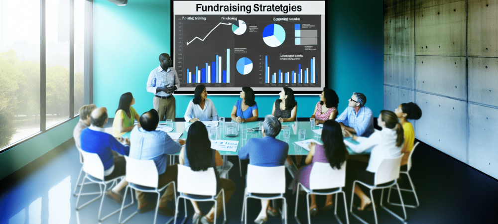 Profissionais de uma ONG discutindo captação de recursos com gráficos e diagramas em destaque em uma sala moderna.