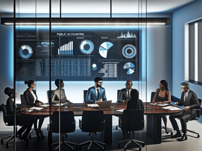Profissionais discutem estratégias de contabilidade pública em sala moderna com gráficos financeiros.