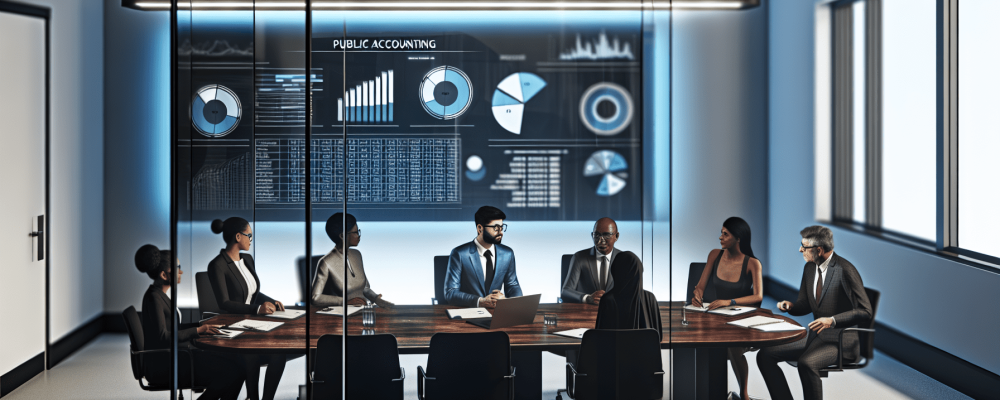 Profissionais discutem estratégias de contabilidade pública em sala moderna com gráficos financeiros.