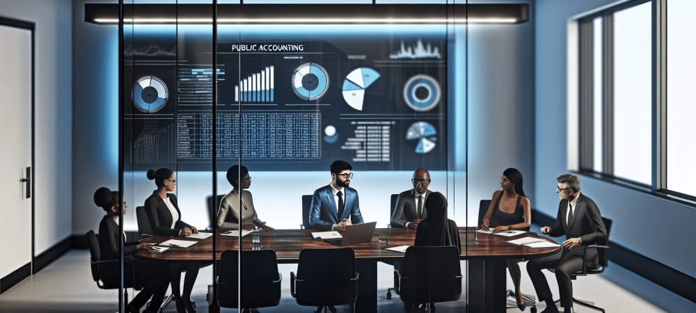 Profissionais discutem estratégias de contabilidade pública em sala moderna com gráficos financeiros.