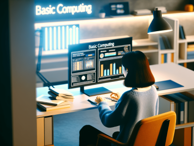 Estudante aprendendo informática básica em espaço iluminado, interagindo com tecnologia moderna.