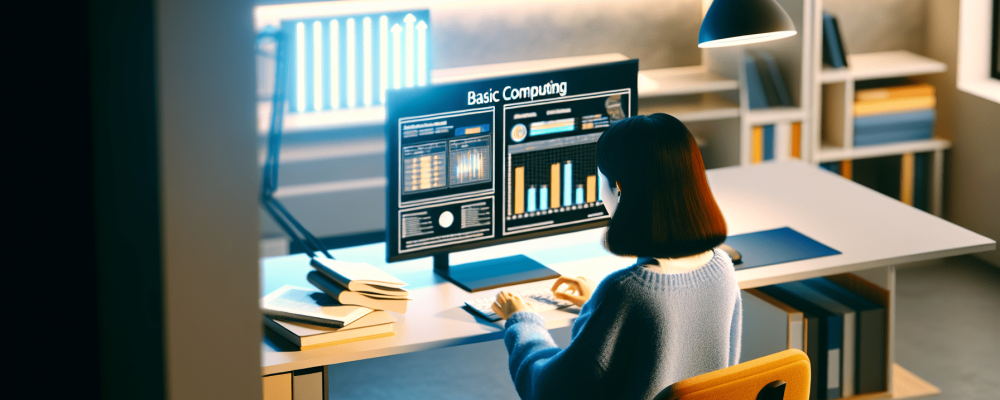 Estudante aprendendo informática básica em espaço iluminado, interagindo com tecnologia moderna.