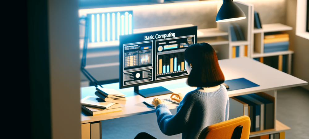 Estudante aprendendo informática básica em espaço iluminado, interagindo com tecnologia moderna.