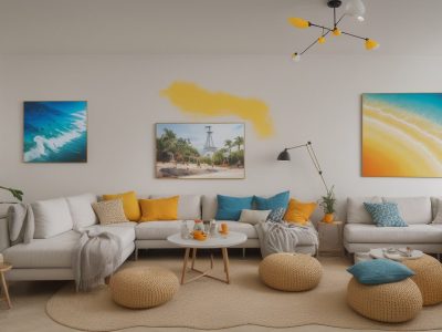 Mesa de pintura em estúdio iluminado, com tintas e pincéis, cercada por telas brancas e obras expressivas, simbolizando criatividade.