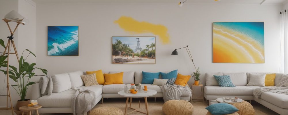 Mesa de pintura em estúdio iluminado, com tintas e pincéis, cercada por telas brancas e obras expressivas, simbolizando criatividade.