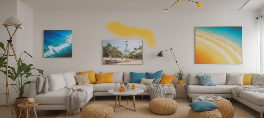 Mesa de pintura em estúdio iluminado, com tintas e pincéis, cercada por telas brancas e obras expressivas, simbolizando criatividade.