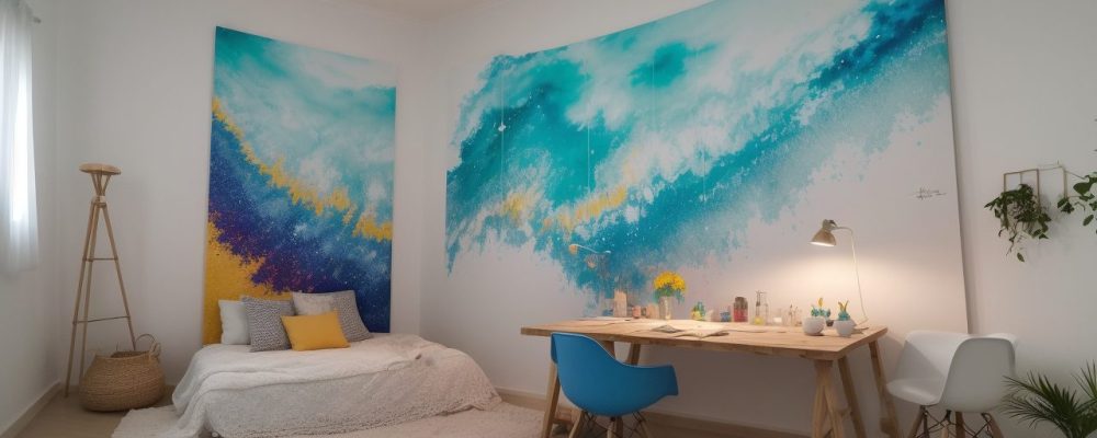 Estúdio iluminado com pincéis e tintas a óleo, aquarela e acrílica, cercado de obras em progresso e telas em branco.