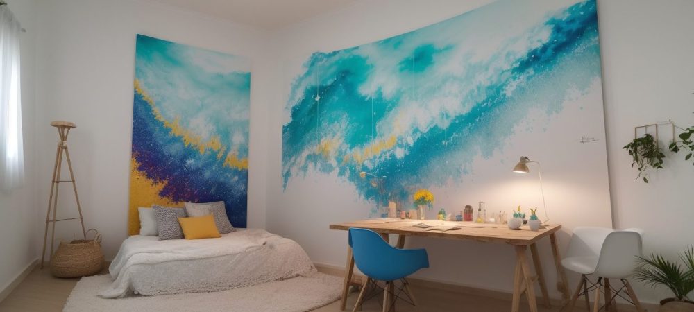 Estúdio iluminado com pincéis e tintas a óleo, aquarela e acrílica, cercado de obras em progresso e telas em branco.