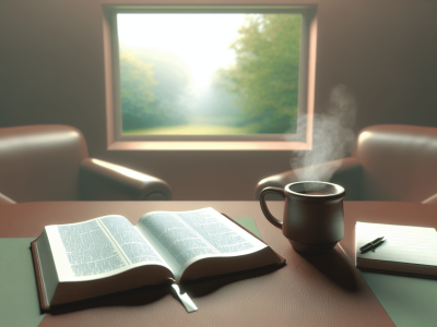Uma mesa de estudo com Bíblia aberta, anotações e café em ambiente de reflexão e crescimento espiritual.